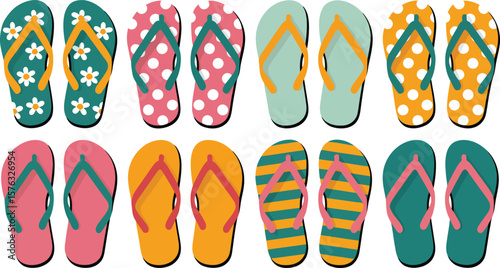 Collection of colorful and patterned flip flops for summer vacation