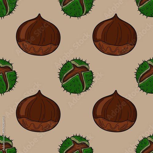 Seamless vector pattern of hand-drawn chestnuts and their spiky husks, featuring rich brown and vibrant green hues, ideal for autumnal designs.