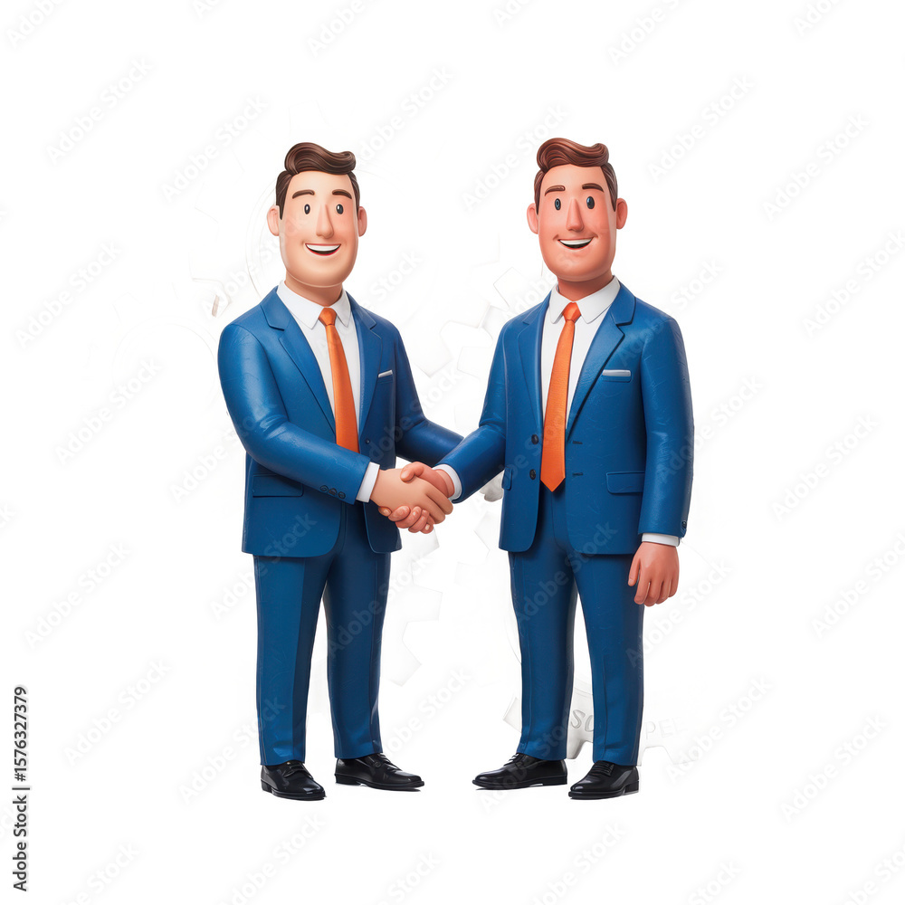 Two smiling businessmen in blue suits shaking hands with a cluster of gears behind them isolated on transparent background Two smiling businessmen in blue suits shaking hands with a cluster of gears behind them isolated on transparent background