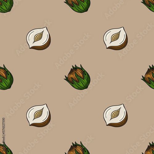 Seamless vector pattern of hazelnuts in shell and shelled, with a neutral beige background, showcasing detailed hand-drawn style illustrations of the nuts.