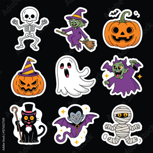 Collection of cute cartoon halloween characters including a skeleton witch ghost vampire mummy and cat