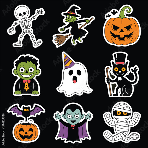 Collection of cute cartoon halloween characters including a skeleton witch pumpkin zombie ghost cat vampire and mummy