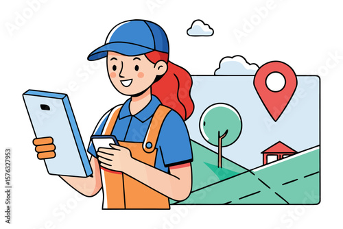 Woman Using Tablet & Landscape: A woman in uniform consults a tablet, studying a landscape displayed alongside a location pin, suggesting navigation and environmental analysis.