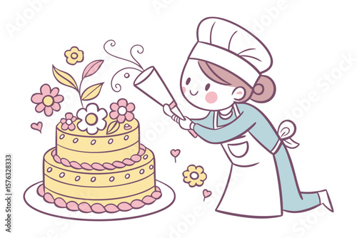 Happy Baker Decorating Cake: A cheerful baker in chef's attire carefully decorates a delightful two-tiered cake with delicate floral icing, adding the final touches with a pastry bag.