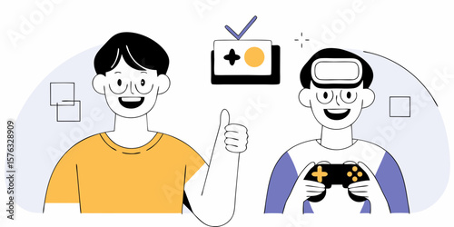 Joyful gamer design showcasing two young men enjoying video games with controller and virtual reality headset, suitable for branding.