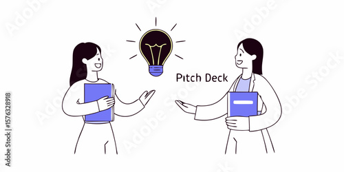 People discussing business strategies with lightbulb symbolization represents a pitch deck presentation and generating innovative solutions.