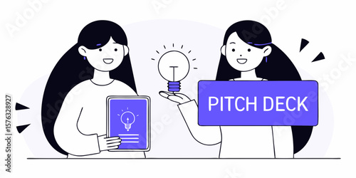 Brainstorming session features a bright lightbulb, signifying ideas and pitch deck preparations with two female characters.