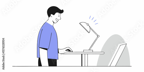 Conceptual graphic of a person working at a standing desk with a lamp, suitable for workplace or ergonomic designs and content creation.
