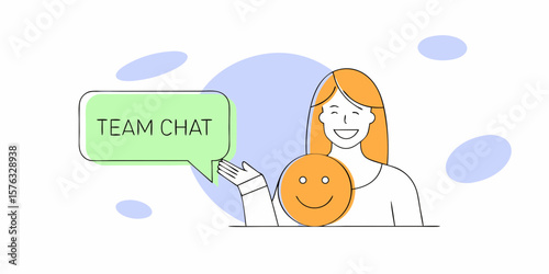 Engaging outline drawing presents team chat communication and happy collaboration, suitable for web design or social media content creation.