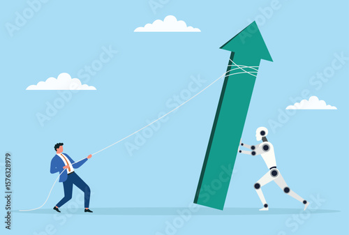 Vector illustration of a businessman and robot working together to lift a growth bar, representing the power of human and ai collaboration in driving innovation and success
