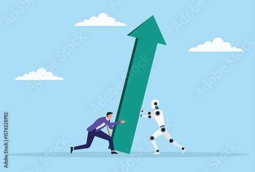Vector illustration of a businessman and robot trying to lift a giant upward arrow, representing the synergy of human and ai efforts to achieve growth, success, and innovation
