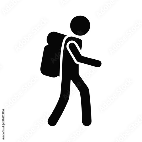 Silhouette of a young hiker walking with a backpack in a minimalist style