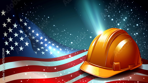 hard hats with american flag labor day usa banner illustration style