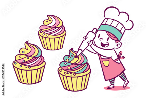 Sweet Delight: Adorable illustration of a young baker decorating cupcakes with colorful icing, capturing the joy and creativity of baking. 
