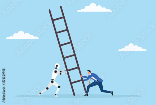 Vector illustration of a businessman and robot trying to lift up a ladder, symbolizing teamwork between humans and ai to create new opportunities and reach greater heights

