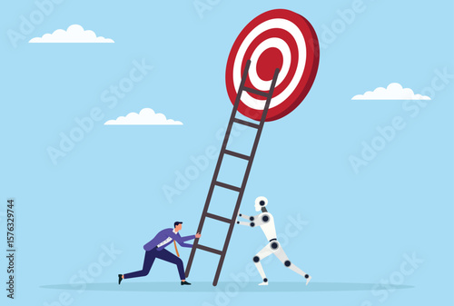 Vector illustration of a businessman and robot lifting ladders together toward a goal, representing human and ai collaboration in building the path to progress and achievement

