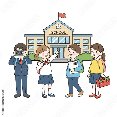Hand Drawn Cheerful Students with School Building Illustration for Education Material