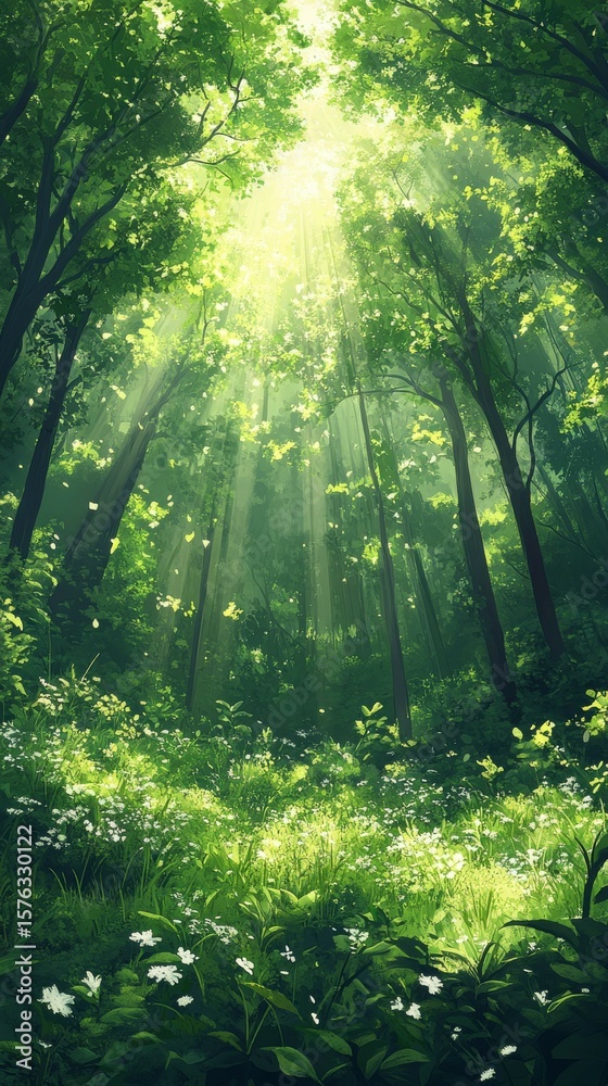 Fototapeta premium Sunlight Streaming Through Dense Green Forest Canopy