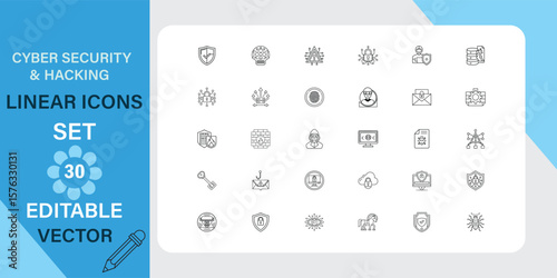 Cyber Security and Hacking Linear Icons Set with 30 Editable Vector Graphics