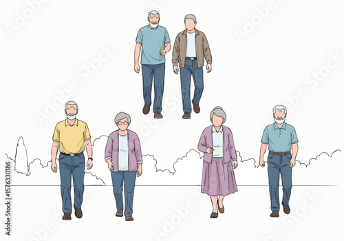 Simple Flat Illustration of Diverse Senior People Walking Outdoors Lifestyle