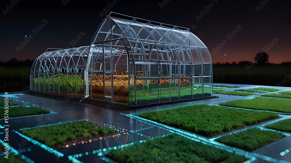Naklejka premium Futuristic greenhouse with advanced technology and crops at night