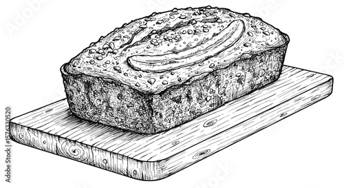 vintage ink sketch banana bread on wooden board black and white hand-drawn engraving style illustration

