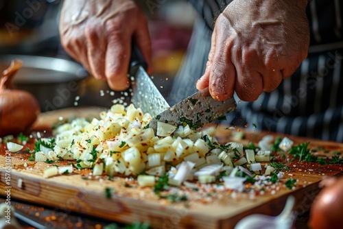 Chef skillfully chops potatoes and onions on a wooden cutting board in a cozy kitchen during evening cooking session