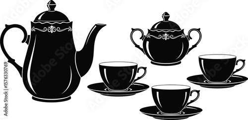 Elegant antique tea set silhouette, classic teapot, sugar bowl, teacups with saucers, vintage design, isolated vector illustration, sophisticated beverage collection.