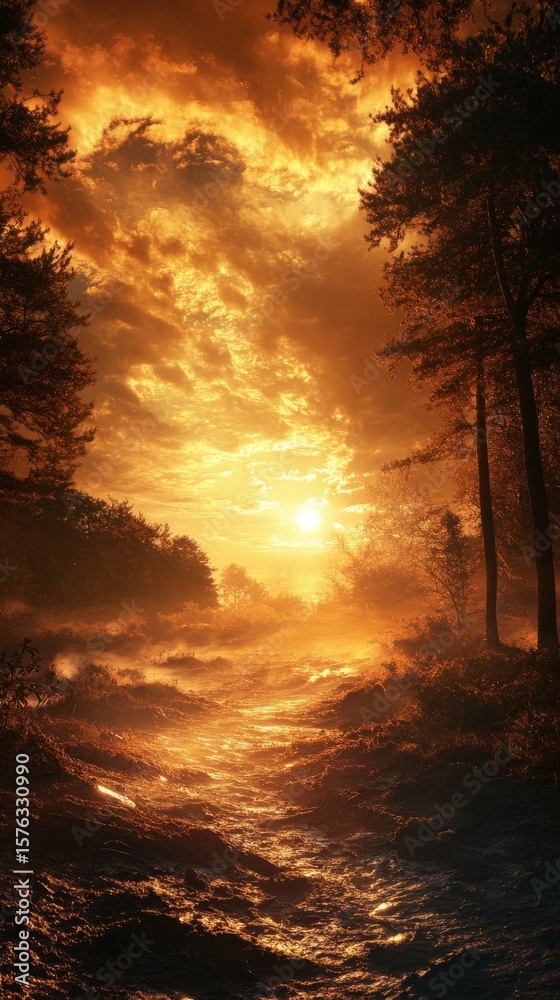 Path Through Forest at Sunset with Dramatic Sky and Golden Light Path Through Forest at Sunset with Dramatic Sky and Golden Light