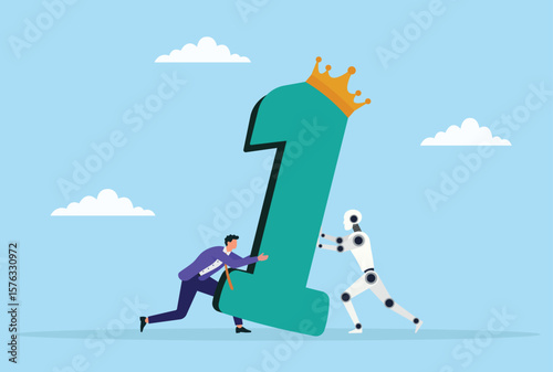 Vector illustration of a businessman and robot working together to raise a giant crowned number one, symbolizing the power of human and ai partnership in achieving top success
