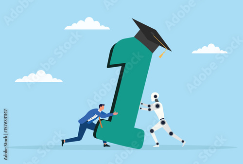 Vector illustration of a businessman and robot working together to raise a giant number one wearing a graduation cap, symbolizing human and ai collaboration in educational excellence

