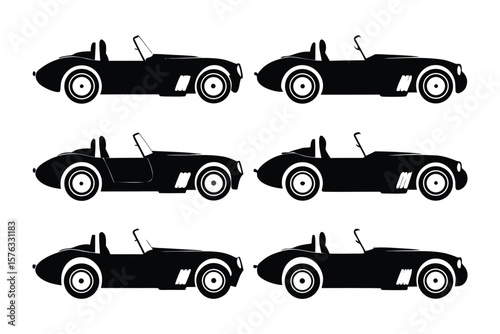 Classic Car Silhouette Collection: A sophisticated compilation of classic car silhouettes against a pristine canvas, ideal for transportation themes, vehicle presentations.
