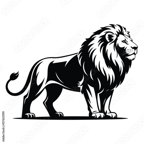 Black and White Lion Illustration Standing Profile View