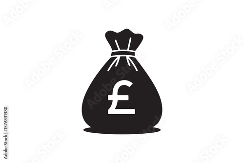 Black silhouette of a money bag with a white pound sterling symbol on a clean white background