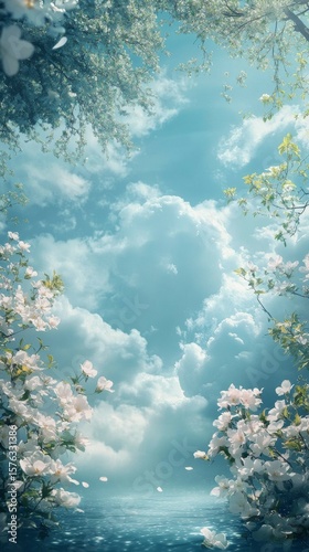 Dreamy Sky and Water with Blossoms and Clouds