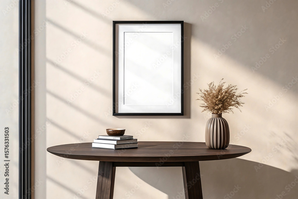 Obraz premium A modern living room interior with a wooden table, vase with dried flowers, and books