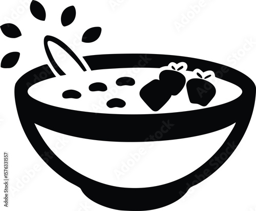 Black and White Bowl of Cereal with Strawberries and Seeds Simple Icon Graphic vector