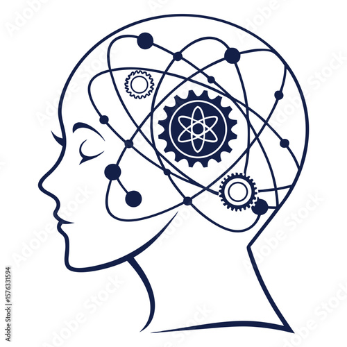 Innovative Mind: A Head Profile Filled with Interconnected Gears and Atomic Structures, Representing Complex Thought and Scientific Intellect