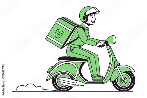 Speedy Courier on Wheels: A cheerful courier expertly navigates the city streets on his scooter, swiftly delivering packages and spreading convenience to every corner of the urban landscape.