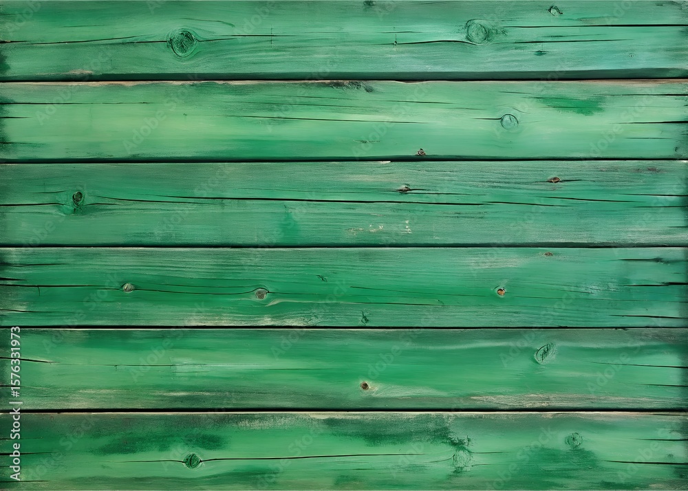 Weathered green wooden planks with visible knots and cracks textured background Weathered green wooden planks with visible knots and cracks textured background
