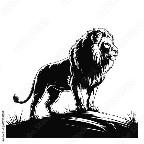 Black and White Lion Silhouette on a Hillside animal