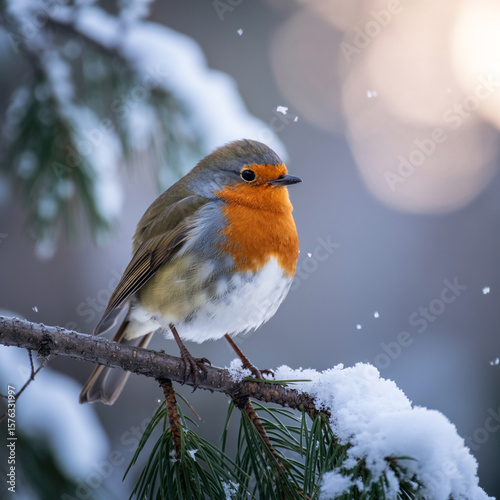European Robin perched on a snow-covered pine branch