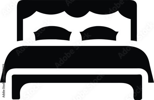 Black and White Double Bed Icon Simple Minimalist Bedroom Furniture Graphic Design Element bedframe pillows