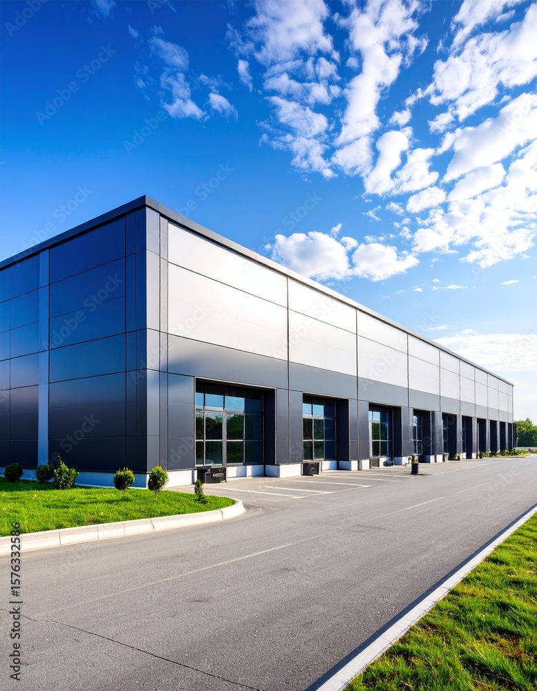 Obraz premium Modern supermarket building exterior against blue sky. Inviting facade