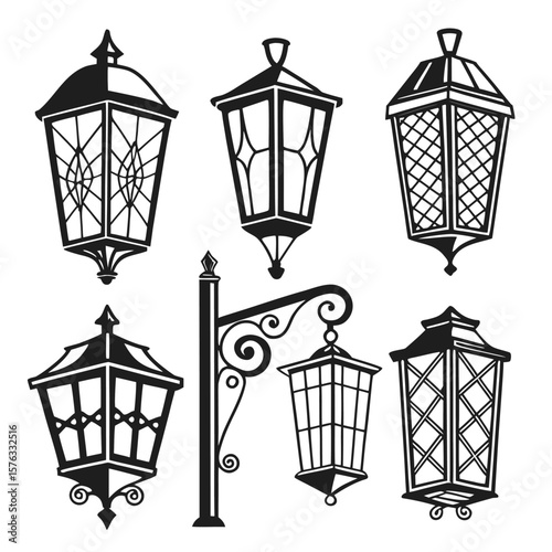A black and white silhouette illustration featuring a collection of six different ornate street lamps or lanterns. One of the lanterns is shown attached to a stylized lamppost.