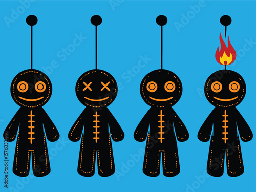 Quirky Voodoo Doll Lineup  One is on Fire - Unique Halloween Decoration Concept