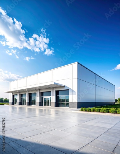 Modern supermarket building exterior against blue sky. Inviting facade