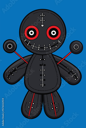 Creepy Voodoo Doll Illustration with Buttons, Stitches, and Red Accents on Blue