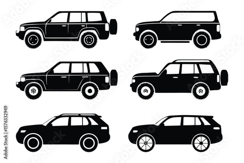 Diverse SUVs: A collection of vector illustrations showcases a variety of SUV silhouettes, ready to be used in design and projects. This selection emphasizes utility, design and vehicle structure.