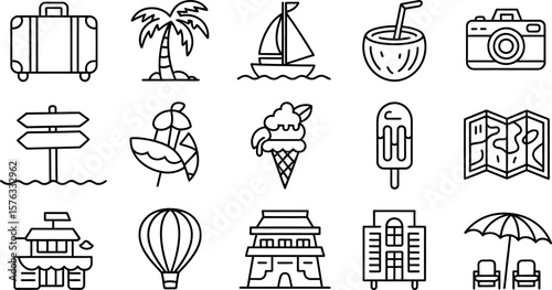Linear Travel Icons:  Vacation Planning, Summer Getaway,  Tropical Paradise,  Adventure Mood.
